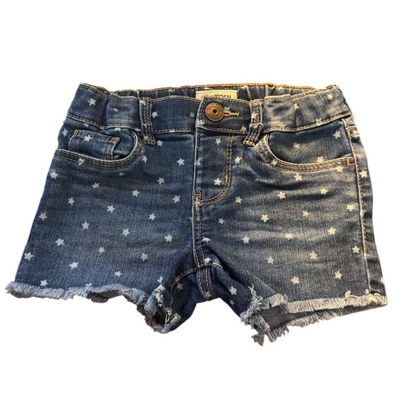 OshKosh BGosh Girls Denim Shorts 3T Star Print Adjustable Waist Raw Hem Pockets - Picture 1 of 6